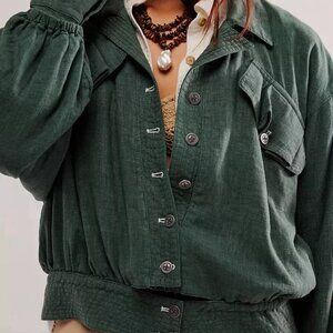 Free People Billy Saddle Linen Button Up Green Crop Jacket Pockets Sz XSmall